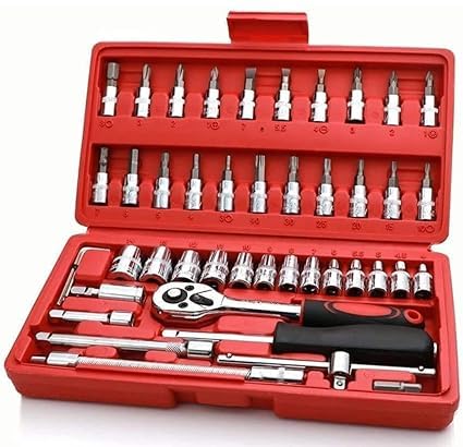 DEQTRON 46-Piece Stainless Steel Tool Kit, Multifunctional Wrench Set - Complete Tool Box for Home Hand Tool Kit Set For Repairing Work, DIY, Auto Repairs Car & Bike