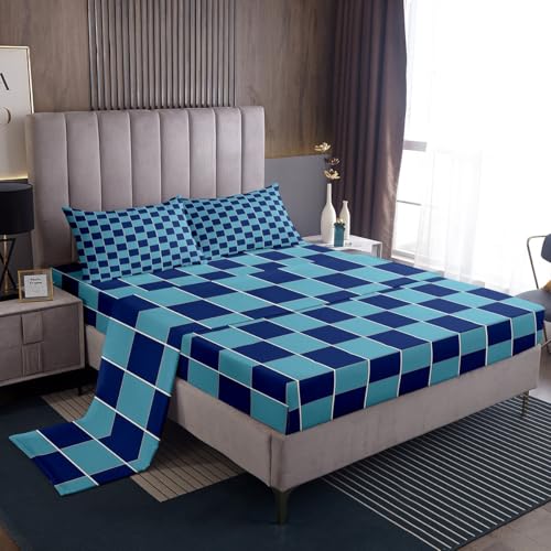Image of Erosebridal Blue Plaid Bed Sheets Full Navy Blue Checkered Sheet Set Geometric Grids Gingham Bedding Set for Kids Boys Girls,Soft Lightweight Fitted Flat Sheets 4 Piece