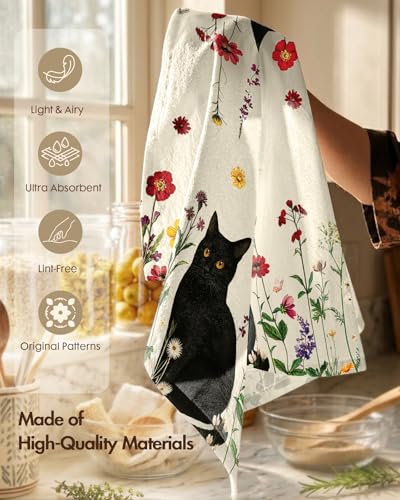 Image of Miss Adola 4PCS Flour Sack Towels - 18 inchx 26 inch Floursack Dish Towels with Hanging Loop Set of 4 Cotton Tea Towel Absorbent Decorative Dishcloth for Drying Home Decor Housewarming Gift, Cat in Flower
