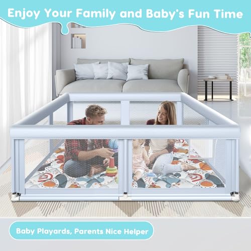 Image of Fshibila 65 inch x50 inch Large Baby Playpen with Mat, Baby Playard for Babies and Toddlers, Play Pens for Indoor & Outdoor, Sturdy Safety Play Yard with Soft Breathable Mesh, Anti-Fall, Grey