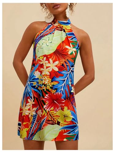 Image of Floerns Women's Sleeveless Floral Print Sundress Halter Neck A Line Short Dress