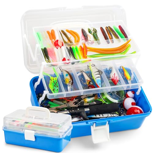 TCMBY Large 3 Layers Tackle Box with Tackle Included, 432Pcs Fishing Lures Kit Contains Pliers, Crankbait, Hooks, Weights & Accessories, Fishing Gear Bait Lure Gifts for Men Bass Freshwater (Blue)
