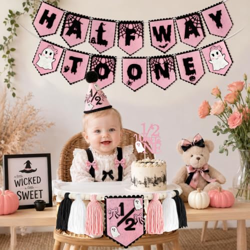 Image of 1 /2 Birthday Girl Half Birthday Decorations-Halloween Half Way to One Kits | 6 Months Birthday Decorations; High Chair Banner Boy;Wooden Cake Topper; Half Birthday Hat