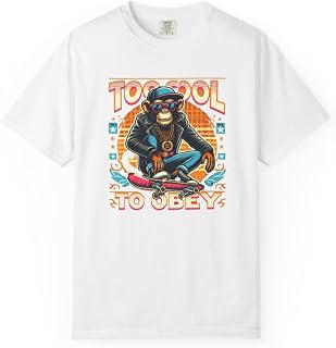 Men's Too Cool to Obey Graphic T-Shirt, Hip Hop Monkey Skater Design, Casual White Tee Price In India