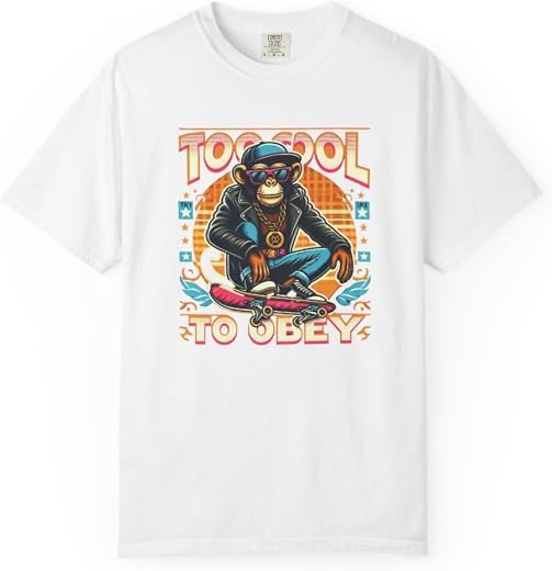 Men's Too Cool to Obey Graphic T-Shirt, Hip Hop Monkey Skater Design, Casual White Tee
