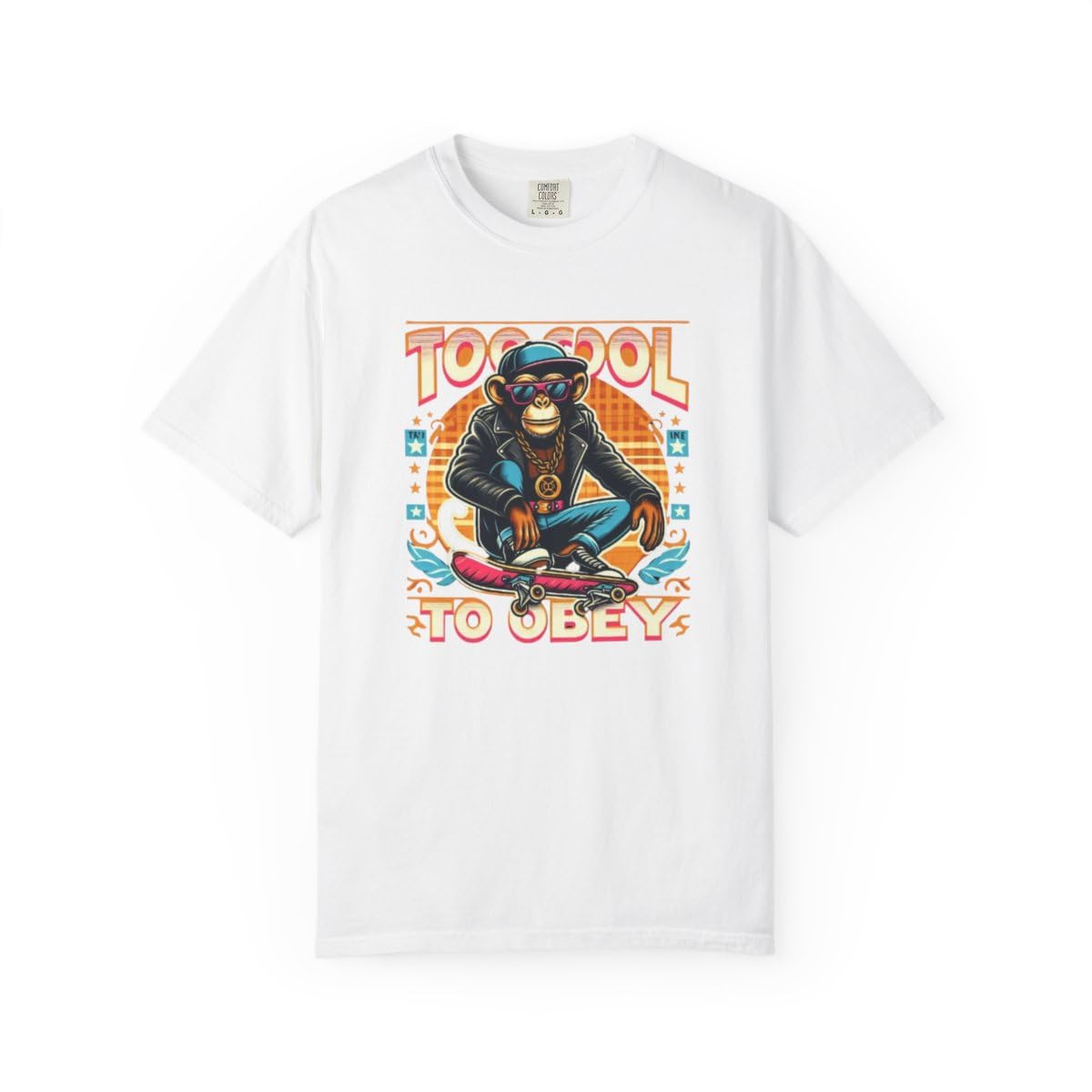 Men's Too Cool to Obey Graphic T-Shirt, Hip Hop Monkey Skater Design, Casual White Tee-picture-49