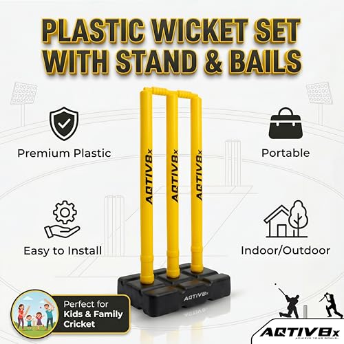 Image of Plastic Cricket Wicket Set Full Size with 1 Base, 2 Bails & 3 Wickets (Yellow)