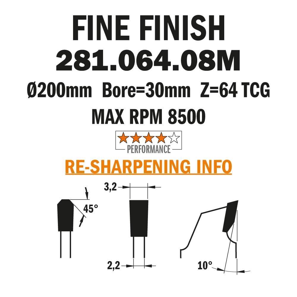 CMT Orange Tools 281.064.08M - Sierra Circular Laminado y Aglomerado HW 200x3.2/2.2x30 Z64 TCG 10pos