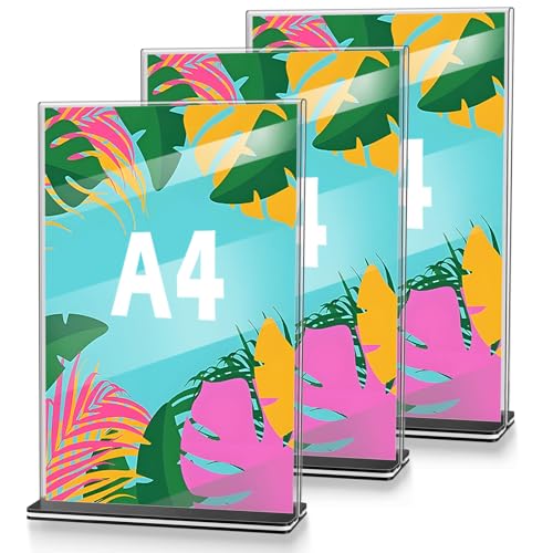 Primasage 3 Pièces Présentoir A4 Transparent Support Affiche A4 avec Socle en Bois Support Plexiglass pour Les Bureaux, Les Restaurants, Les Magasins, Les...