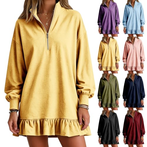 Quarter Zip Up Sweatshirt Dress For Women Oversized Hoodie Dress Yellow - image 2