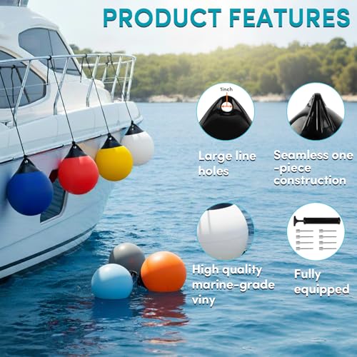 WTMORE Mooring Buoy 12\", Boat Mooring Buoys with Needles and Pump, Vinyl Inflatable Anchor Buoy Ball, Round Boat Fenders for Docking/Anchoring/Marking - White (4 Pack) - Thumbnail 3