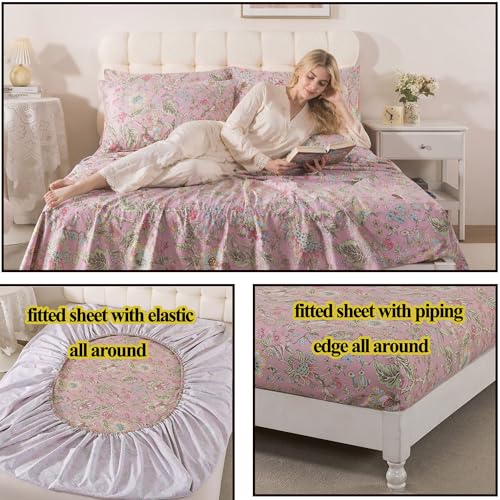 Image of FADFAY Full Sheet Set 4Pcs 100% Egyptian Cotton Bed Sheets Deep Pocket Soft Breathable Vintage Misty Pink French Country Bedding Shabby Cottagecore Floral Bedding Luxury Hotel Quality for All Seasons