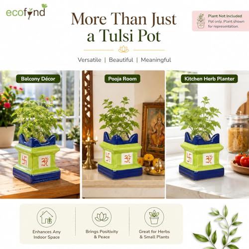 Image of ecofynd 5 inches Tulsi Ceramic Plant Pots, Flower Pot with Drainage Hole, Decorative Modern Indoor Planters, Home Garden Decor for Living Room Bedroom Interior (Green,CPOT016)