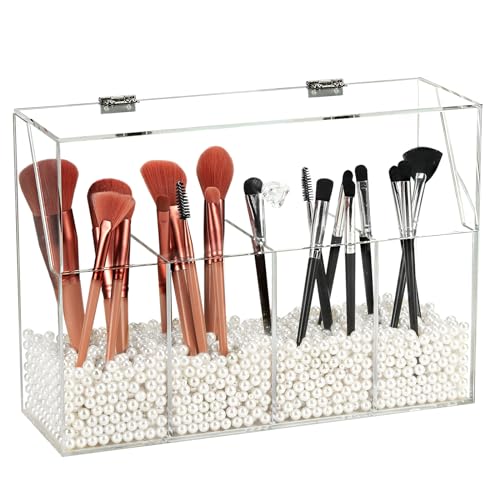 Vevitts Acrylic Makeup Organizer, Clear Cosmetic Brush Storage Box With 4 Brush Holders,Makeup Brush Holder with Dust Cover, Large-capacity Split Design Can Quickly Organize the Desktop?No pearls?