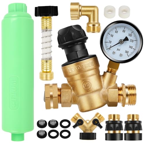 Image of RV Water Pressure Regulator Kit, All in One Camper Fresh Water Kit - Inline Water Filter, Flexible Hose Protector, Brass Hose Elbow, Teflon Tape, 2 Way Y Splitter, Toolbox, 3 /4 Hose Quick Connects