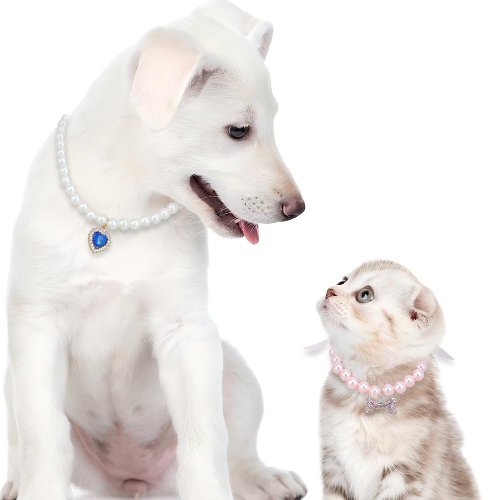 DELORIGIN 4 Styles Dog Cat Pearl Collar Necklace Jewelry Beaded Collar With Ribbon and Cubic Zirconia Heart Bone Collar Accessories for Small Cat Dog Accessories Girl Pet Puppy Kitten Pink Costume - Image 4