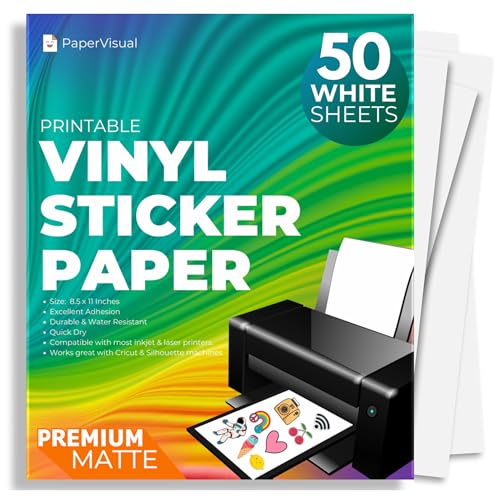 Image of Premium Printable Vinyl Sticker Paper for Inkjet and Laser Printer - 50 White Matte Sticker Paper Waterproof - Excellent Adhesion Paper 8.5 x 11, Fast Dry, Holds Ink Well, Great for Cutting Machines