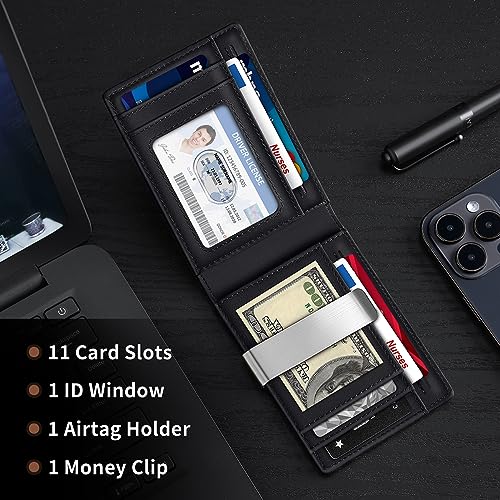 Genuine Leather Bifold Wallet for Men, Slim, RFID Blocking Card Holder Wallet, Minimalist Front Pocket Mens Wallet with Money Clip, ID Window (Black)2