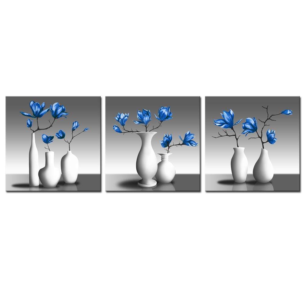 sechars 3 Piece Magnolia Flower Wall Art Royal Blue Zen Floral in Vase Painting Canvas Prints Modern Bedroom Bathroom Spa Decoration Framed Ready to Hang