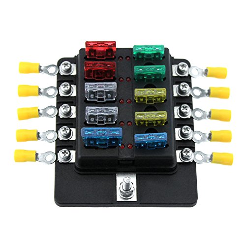 Yorten Blocos de fusíveis de suporte de caixa de fusíveis de lâmina de 10 vias com indicador de LED