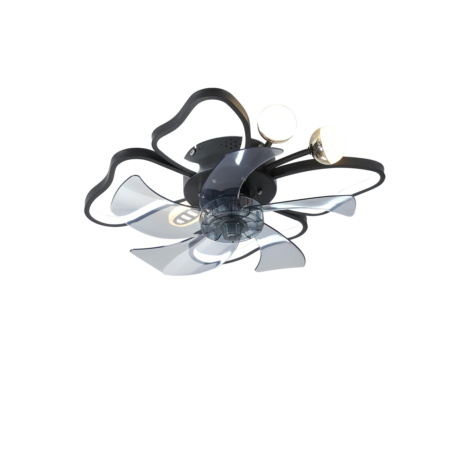 Modern Ceiling Fan with LED Light and Remote Control, Black, 19.7 Inch, 3 Speed, 30W, Flower Design with Acrylic Blades, Iron and Aluminum Construction, 110V