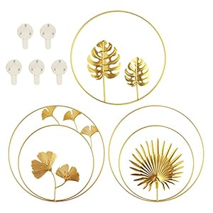 Gold Wall Decoration Metal 3D Wall Sculptures 3 Pack with 5 Picture Hooks, Ginkgo Leaf Art Hanging Ornament, Round Wall Decoration Living Room Bedroom Background Wall Decoration