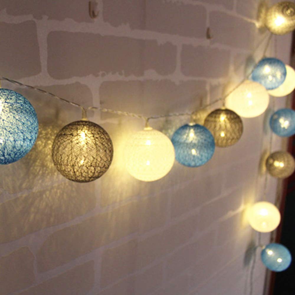 Fairy Lights LED String Lights Indoor, DOTBUY Battery Operated 6cm Cotton Ball String Lights Starry Wall Lights Wedding Party Home Christmas Decoration (grey blue,1.8M/10LED)