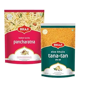 Bikaji Kaju Badam Laccha with Potato Stick 350g & Tana-Tan Aloo Bhujia 200g – Total 550g (19.40 oz) | Spicy Namkeen Snack Combo