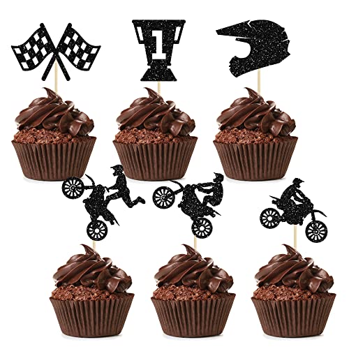 Image of Ephlyn Motorcycle Cupcake Topper, 24 Pcs Black Glitter Decorations for Sports Motocross Theme Man Boy Birthday Party Cake