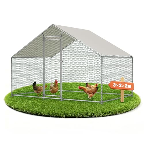 Hühnergehege Freilaufgehege 303×200×200cm Hühnerstall mit Auslauf Verzinkter Stahl Hühner Gehege für Draußen UV-Schutz und Wasserdlicht Hühner Voliere mit Auslauf Entenstall für Henne Gänse Wachteln
