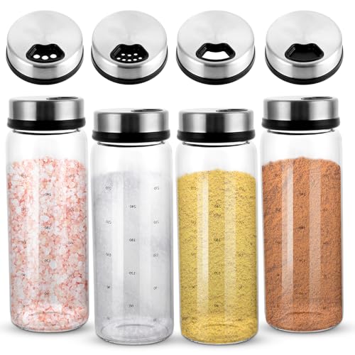 APACALI 4 barattoli per spezie con coperchio girevole, in vetro borosilicato da 300 ml, spargispezie con 3 tipi di fori per spezie, rotondi, per cucina, grigliate all'aperto, bbq, cucina