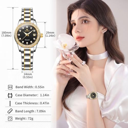 Image of OLEVS Women's Automatic Watch Luxury Mechanical Stainless Steel Two Tone Waterproof Self Winding Dress Small Ladies with Date Diamond Elegant Casual Business Wristwatch Gold /Blue /Black /White