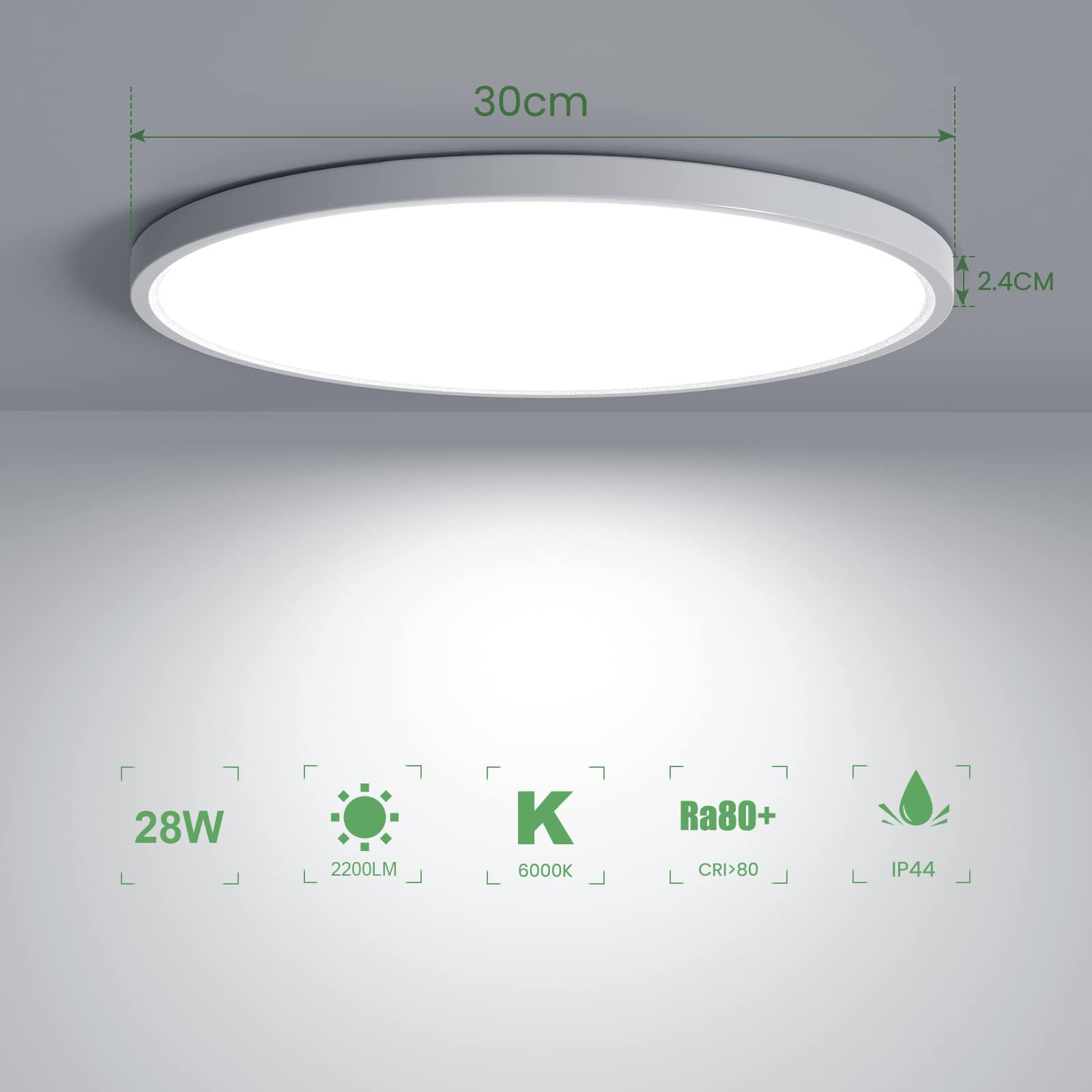 OTREN Plafon LED Techo 28W 6500K Blanca Fría, 30CM IP44 Lámpara Techo Ultrafina para Baño Cocina Pasillo Dormitorio
