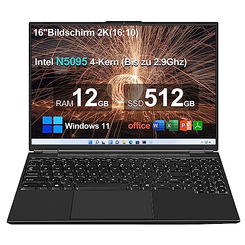 AOCWEI Laptop 16 Zoll 12GB RAM 512GB ROM Erweiterungen 2,5" 1 TB SSD, Laptop Win 11 mit 4-Core CPU N5095 (bis zu 2,9 GHz), 1920 * 1200丨5G WiFi丨Bluetooth & Deutsche Tastatur Aufkleber-Schwarz