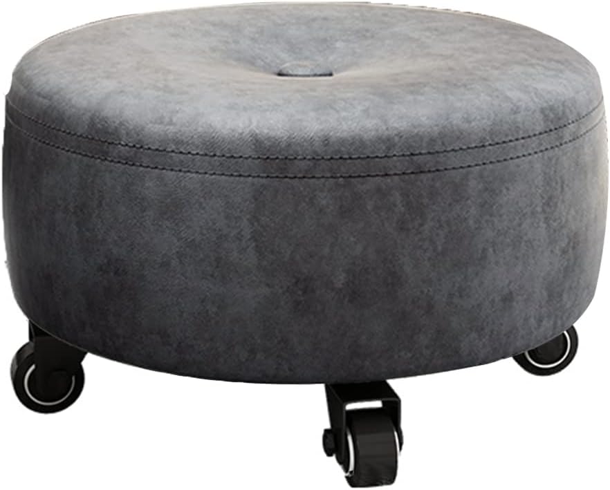 Low Rolling Stool with Wheels, Roller Seat Short Rolling Foot Stools with Universal Swivel Caster Wheels Leather Little Small Stools on Wheels for Garage grey3，Grey3