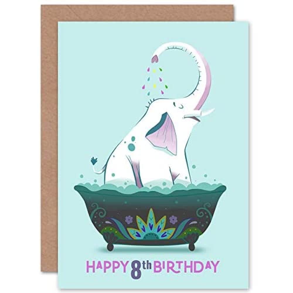 Wee Blue Coo Elephant Bath Birthday 8th Greetings Card