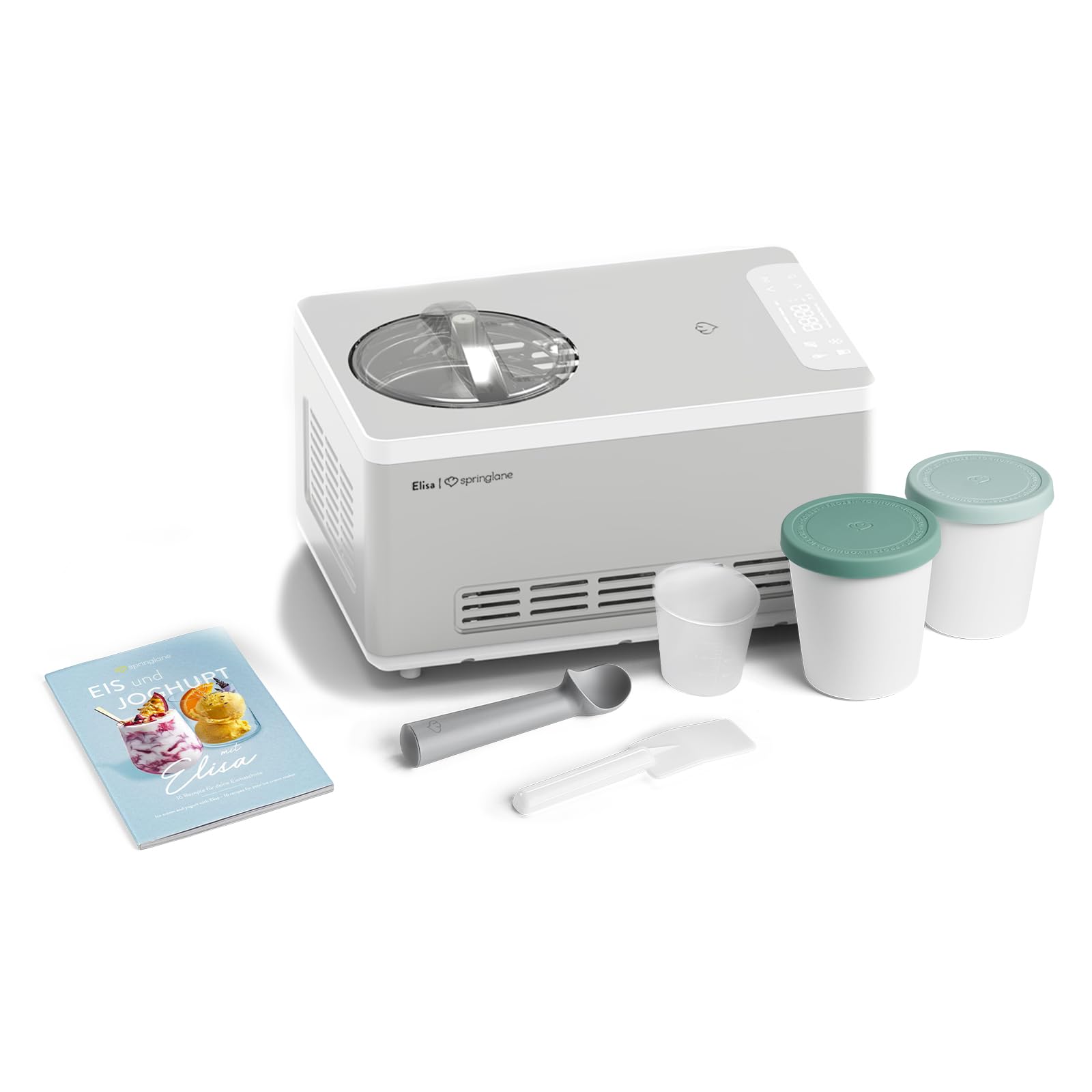 SPRINGLANE Eismaschine & Joghurtbereiter Elisa 2,0 L mit selbstkühlendem Kompressor 220 W, aus Edelstahl mit Kühl- und Heizfunktion (Elisa Silber, Eismaschine + 2 Eisbehälter Mint)
