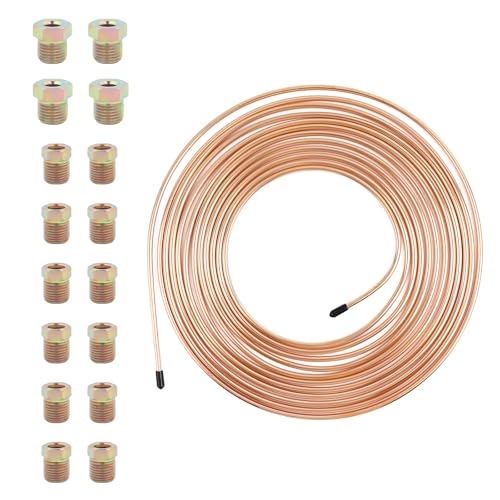 25Ft 1/4 Brake Line Kit Includes 16PCS Inverted Flare Fittings Copper-plated Car Brake Line Repair Kit for Vehicle System Maintenance Flexible Cars Brakes Lines Coil Car Accessories