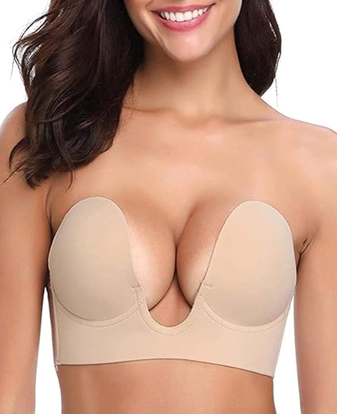 DeoxysWomen's Push Up Plunge Adhesive Bra Reusable Deep U-Shaped Sticky Bra Strapless Backless Breast Lifting Bra Multicolour