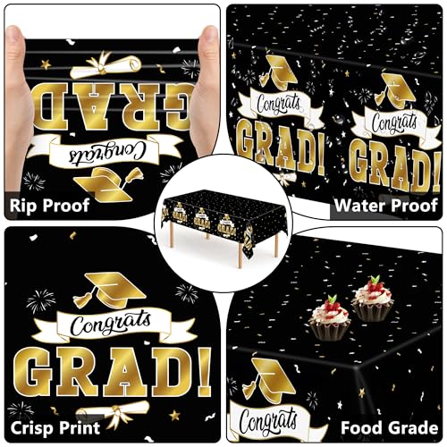 Image of 2Pack Graduation Decorations 2026, 108 inch X 54 inch Graduation Tablecover, Blackgold Rectangle Class of 2026 Table Cloths, Disposable Plastic Congrats Grad Tablecover for Grad Party Favors Supplies for Kids