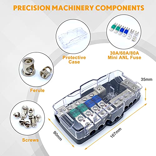 Erayco Camper Car Audio Distribution Fuse Block With Ground Mini Anl Fuse Box Distribution Block 0/4Ga 4 Way Fuses Holder 30A 60A 80Amp Red Led Indicator #TOP1