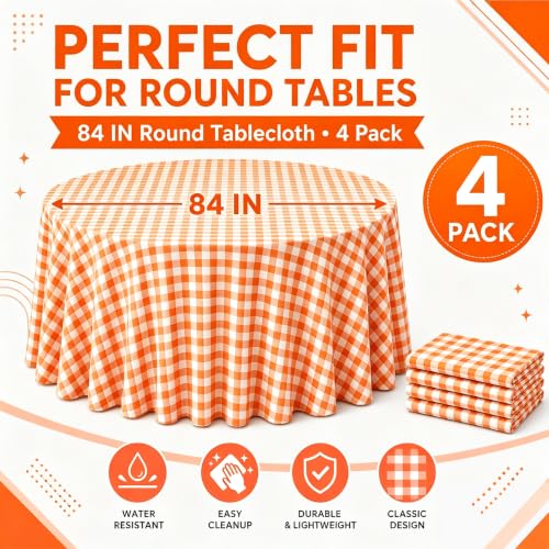 Image of WNINK 4 Pack Orange Gingham Round Tablecloth, 84 Inch Disposable Plastic Table Covers, Orange Checkered Round Table Cover for Birthday Parties, Holiday, Picnic, BBQ, Family Gathering Party Supplies