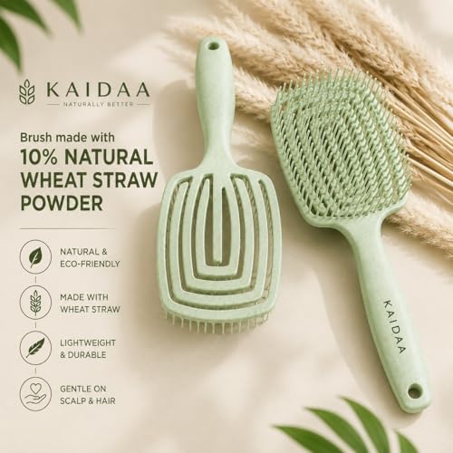 Image of KAIDAA Scalp Breeze Brush | Flexible Vented Detangling Hair Brush for Wet and Dry Hair | Gentle Scalp Massage | Plastic-Reduced Design with 10% Wheat Straw (Olive Green)