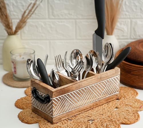 Image of Ikari Homes Wooden Cutlery Holder With Antique Carving Geometric Pattern I Cutlery Stand For Spoon /Fork /Tissues I Premium Cutlery Stand For Dining Table I 10 In X 4 In X 4 In With Handles, Brown