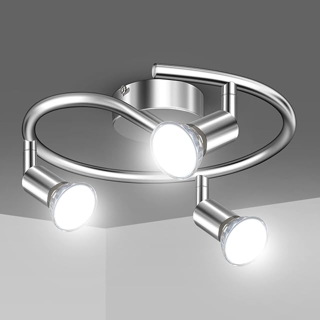 Uchrolls LED Ceiling Light Round Rotatable,3 Way Modern Ceiling Spotlight for Kitchen, Living Room and Bedroom, Complete with 3X 4W GU10 LED Light Bulbs (450LM, Cool White)-White Chrome