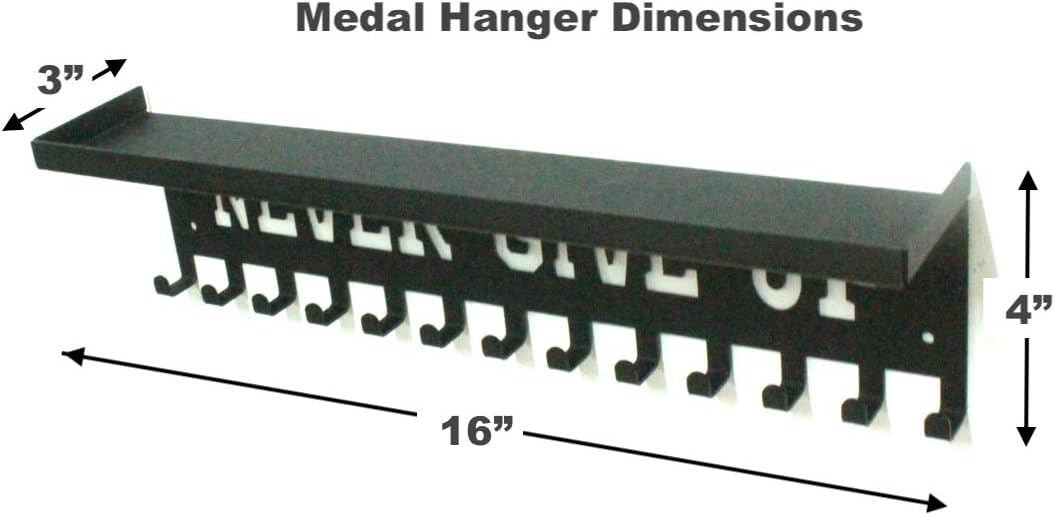 Never Give Up Sports Awards Medal Hanger Display, 3" Trophy Shelf Medal Holder with Hooks, Easy Install Wall Shelf and Ribbon Holder Wall Shelf (Black)