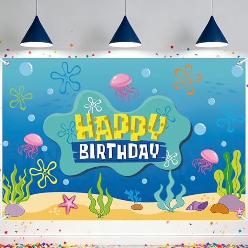 Funny Sponge Birthday Decorations Backdrop 3.3 x 5 ft Cartoon Ocean Happy Birthday Banner Underwater Theme Party Supplies Photo Booth Props Background for Boys Girls