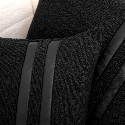 Vfuty 18x18 Black Pillow Covers Set of 2 Textured Boucle Accent Pillow Cases with Faux Leather Striped Square Cushion Cover for Bed Couch Sofa Living Room Home Decor — view 3