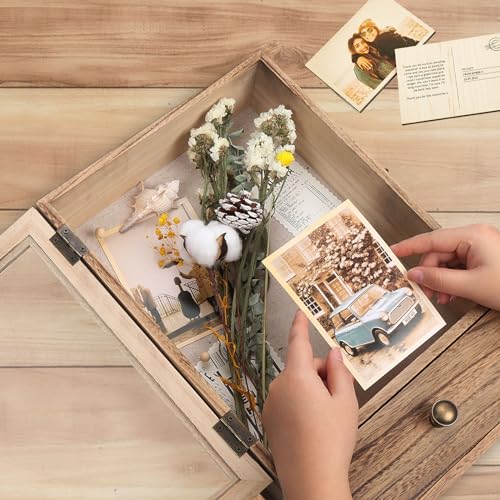 Butizone Shadow Box Frame, 3.2" Deep Shadow Box Display Case with Real Glass and Drawer, Rustic Wood Memory Box for Pictures, Flowers, Memorial, Medals, Wedding Bouquet for Wall or Tabletop, Brown - Thumbnail 4