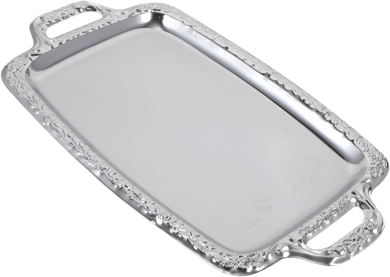 Zerodeko Silver Serving Tray: Rectangular Vintage Metal Platter - Stainless Steel Decorative Tray & Antique Whiskey Plate for Kitchen, Coffee Table & Home Decor